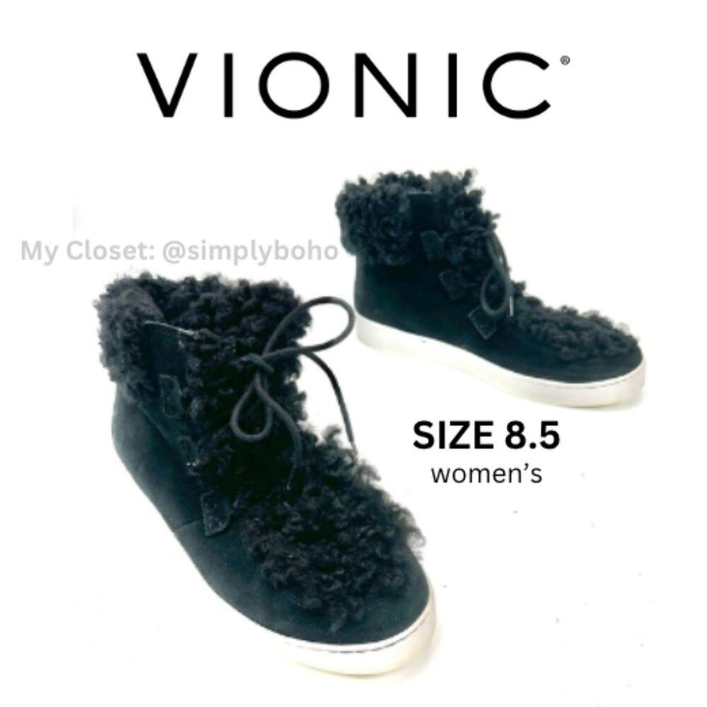 Vionic Oak Black Sherpa Suede Lace Up Sneaker Ankle Boots Shoes Women 8.5